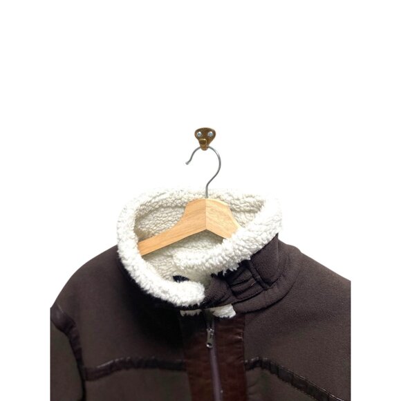 Han Ton Mens High Neck Faux Shearling Bomber Jacket Brown Size L Minimalist Warm - Picture 7 of 13